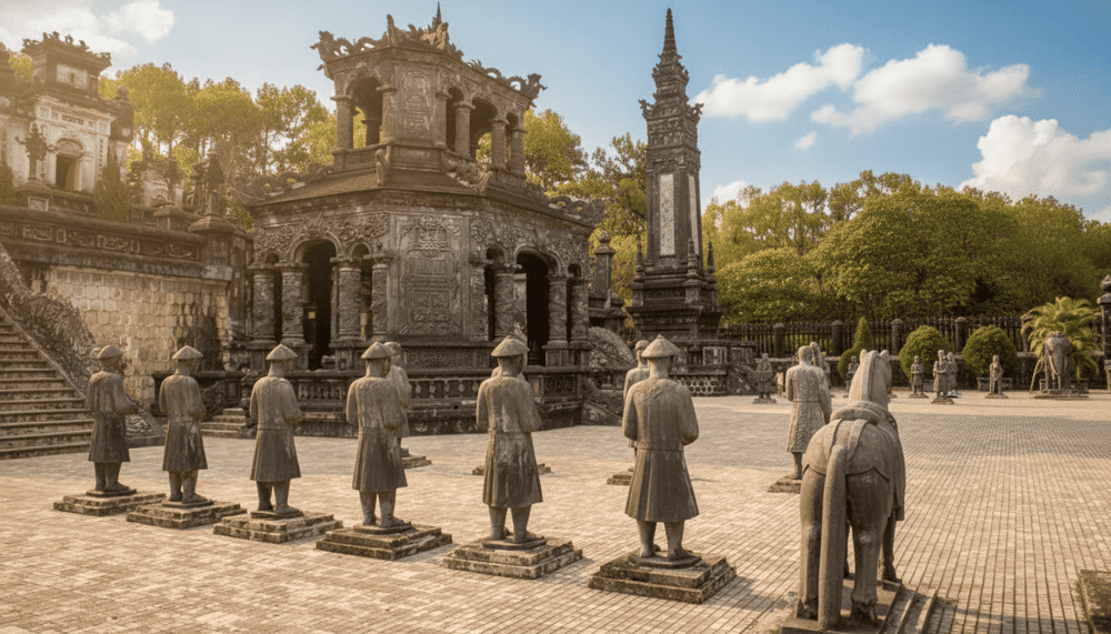 Khu vực Nghi M&ocirc;n v&agrave; s&acirc;n B&aacute;i Đ&iacute;nh với c&aacute;c pho tượng được đ&uacute;c tinh xảo